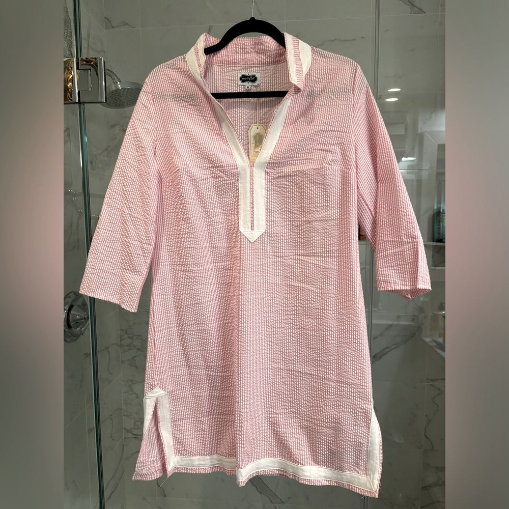 NWT Mud Pie Light Pink & White Long-Sleeves Seersucker bathing suit Cover-up